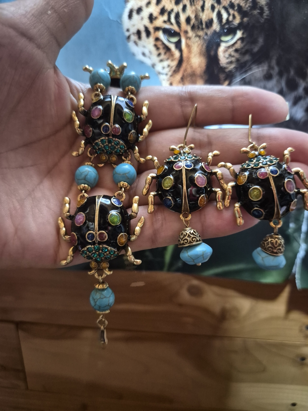 Multicolor Enamel Beetle Bracelet with Turquoise Accents